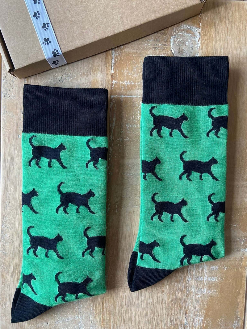 Men's Black Cat Socks - Green - It's Pawfect