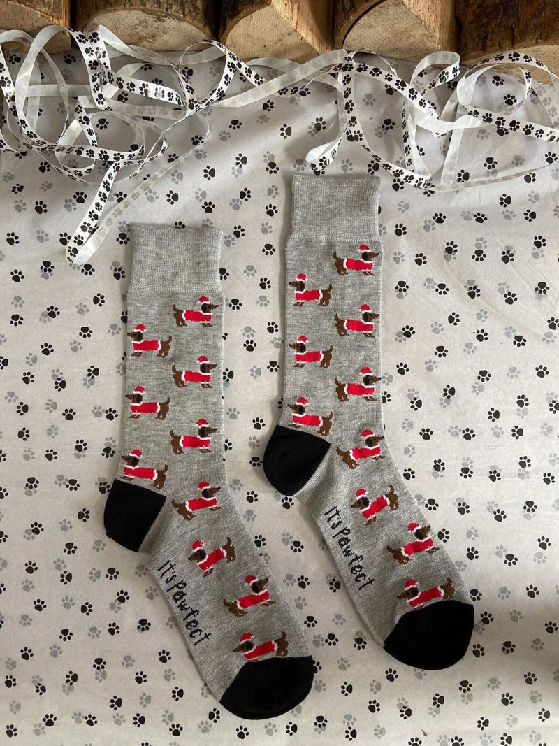 Men's Christmas Sausage Dog Socks - Grey - It's Pawfect