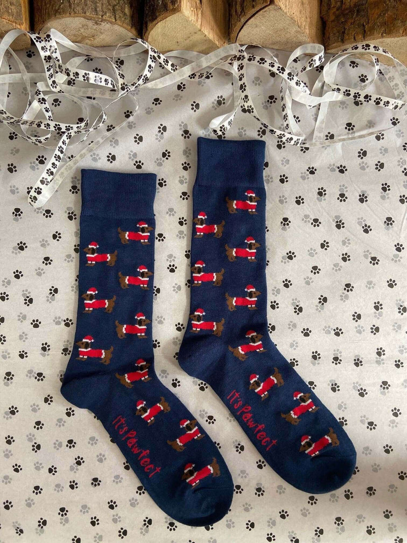 Men's Christmas Sausage Dog Socks - Navy - It's Pawfect