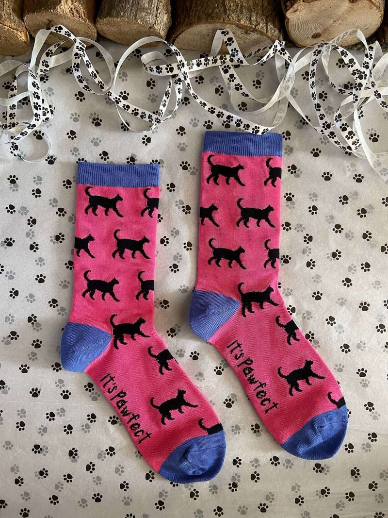 Women's Black Cat Socks - Pink - It's Pawfect