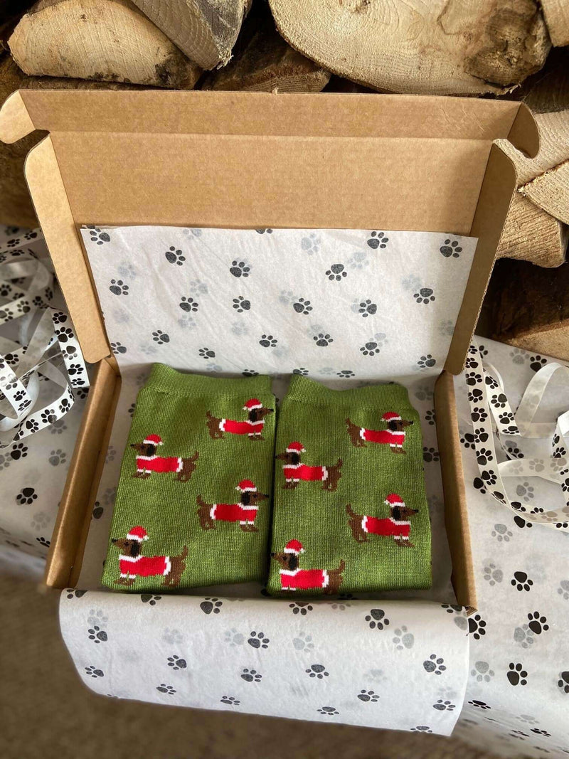 Women's Christmas Sausage Dog Socks - Green - It's Pawfect