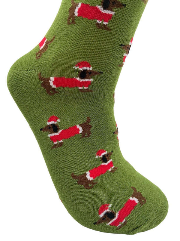 Women's Christmas Sausage Dog Socks - Green - It's Pawfect