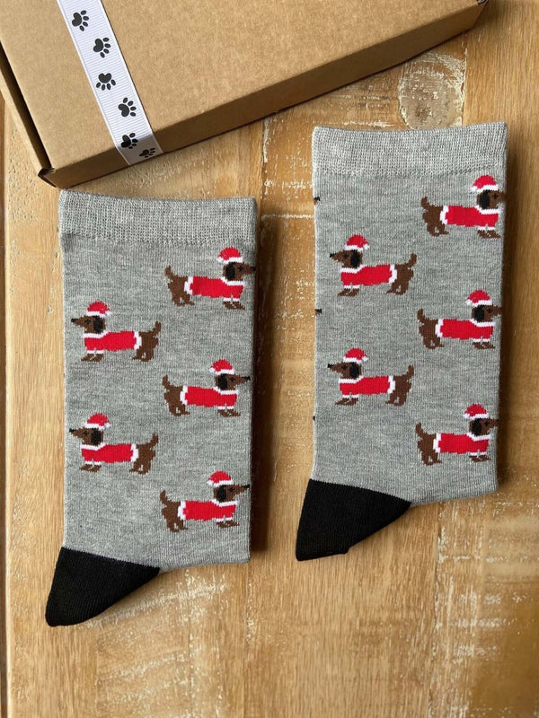 Women's Christmas Sausage Dog Socks - Grey - It's Pawfect