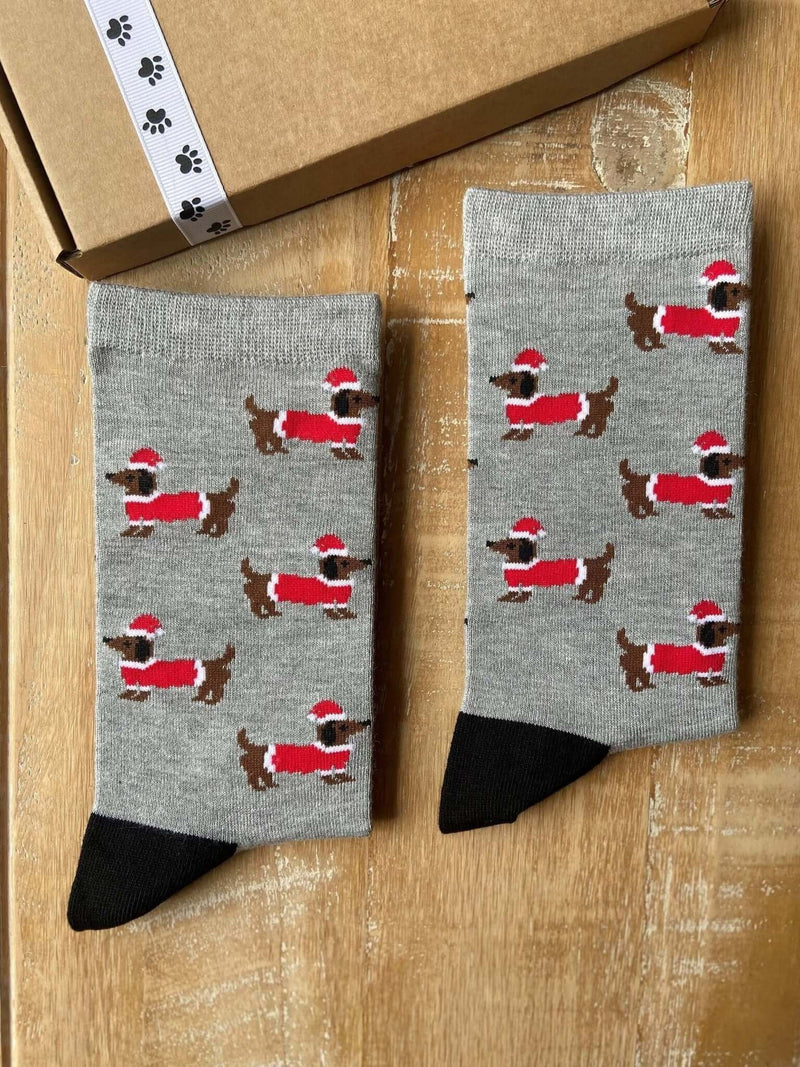 Women's Christmas Sausage Dog Socks - Grey - It's Pawfect