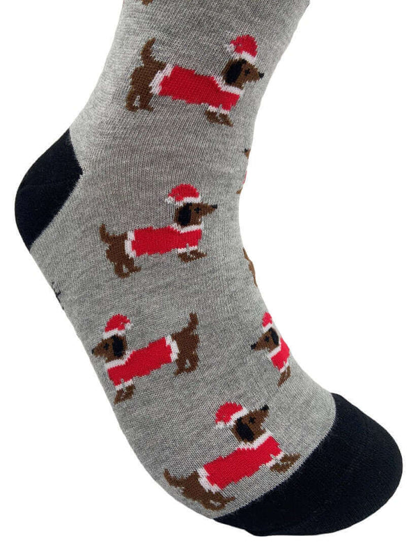Women's Christmas Sausage Dog Socks - Grey - It's Pawfect