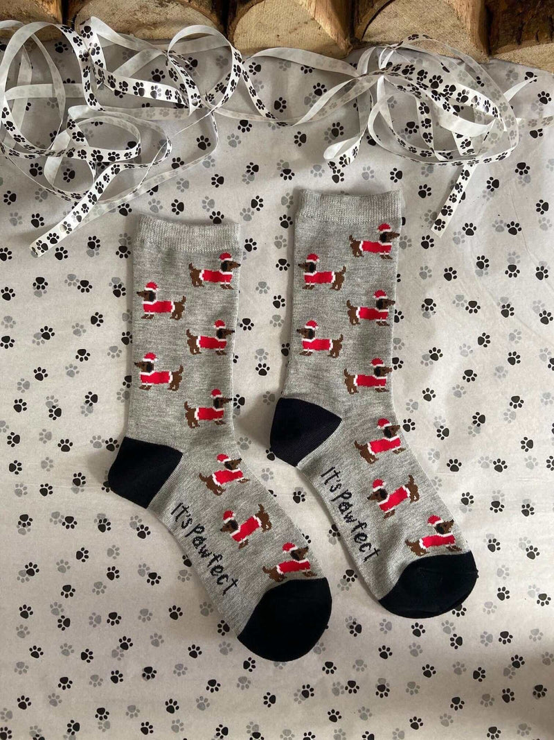Women's Christmas Sausage Dog Socks - Grey - It's Pawfect