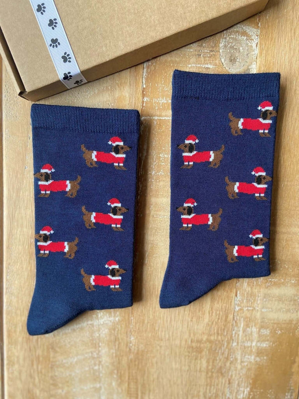 Women's Christmas Sausage Dog Socks - Navy - It's Pawfect