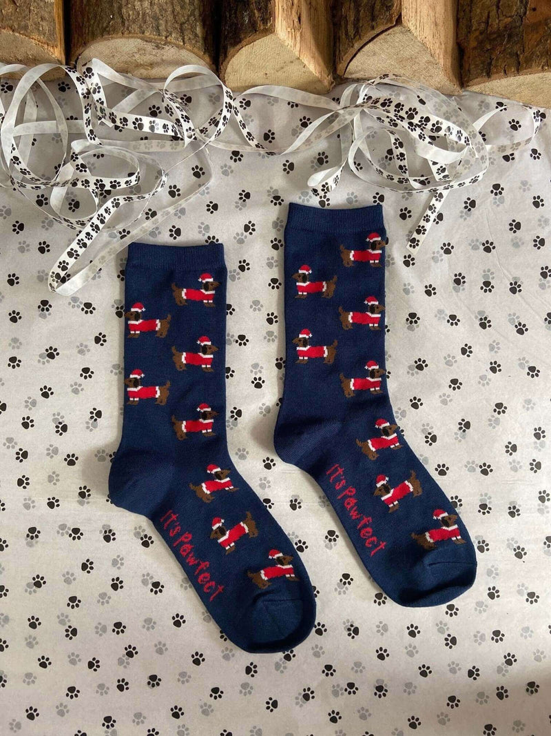 Women's Christmas Sausage Dog Socks - Navy - It's Pawfect