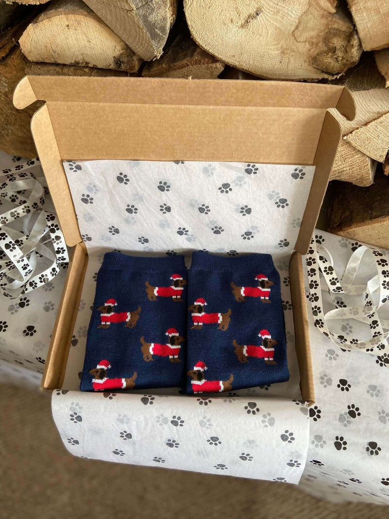 Women's Christmas Sausage Dog Socks - Navy - It's Pawfect
